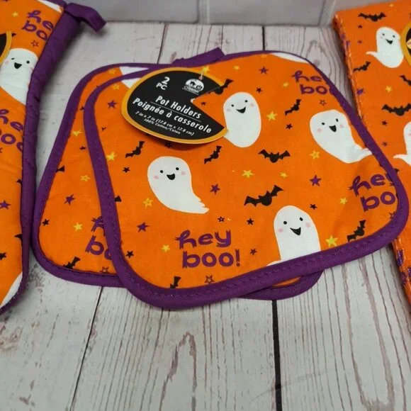 Halloween Ghost Kitchen 4pc Set - Towel, Pot Holders, Oven Mitt Orange Hey Boo - Picture 3 of 4